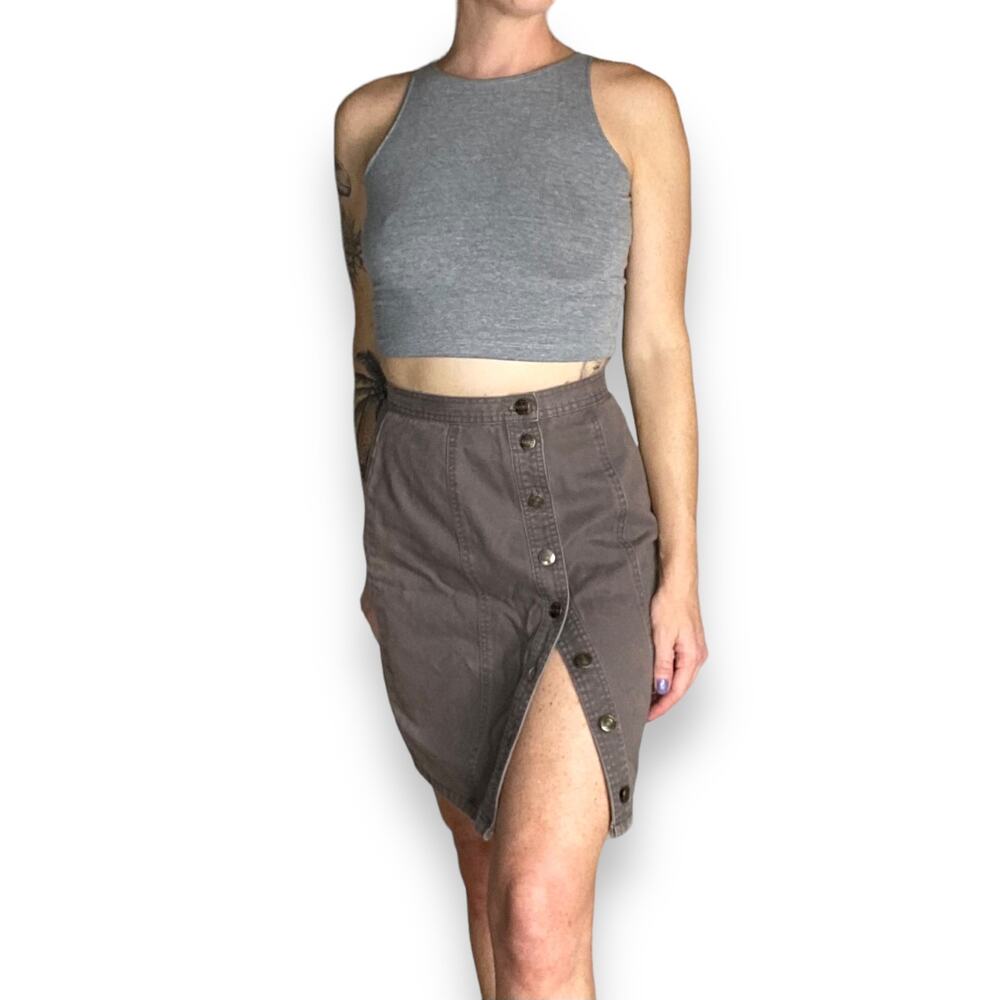 Vintage Light Brown Grey Button Down High Waist Pencil Denim Mini Skirt Size 4 - Picture 3 of 4